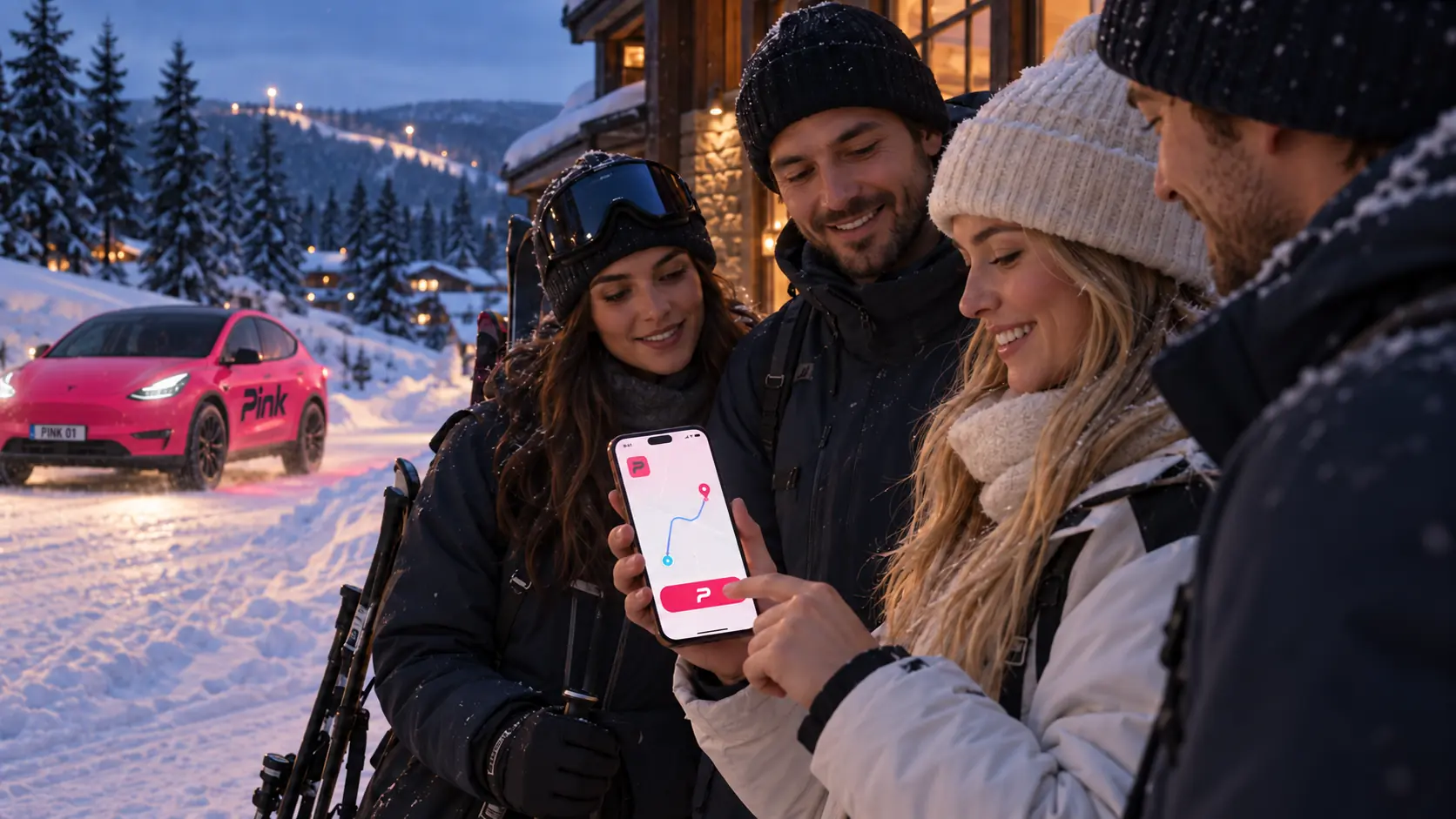 Fyra vänner i Sälen bokar en Pink-resa i mobilen medan Pinks rosa Tesla väntar i snön.